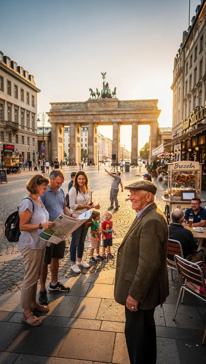 Historische Stadtsilhouette von Berlin mit Wahrzeichen und Touristen auf geführter Erkundungstour.